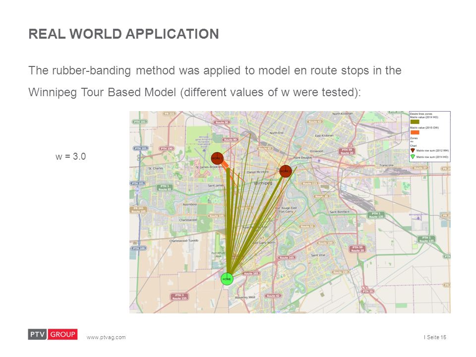 I Seite 15 REAL WORLD APPLICATION The rubber-banding method was applied to model en route stops in the Winnipeg Tour Based Model (different values of w were tested): w = 3.0