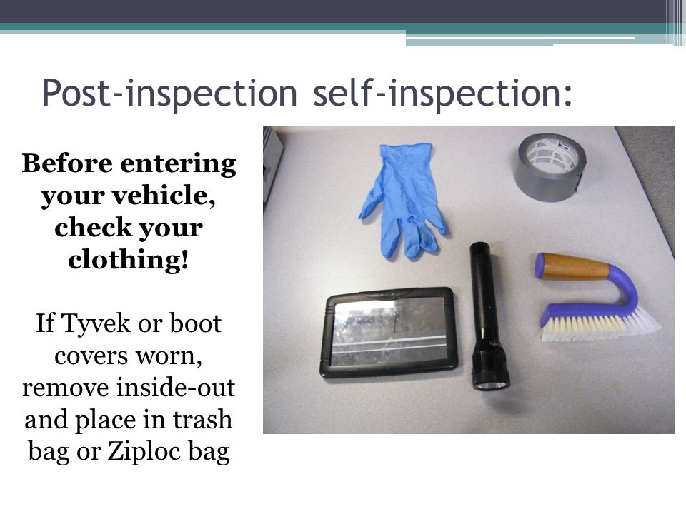Post-inspection self-inspection: Before entering your vehicle, check your clothing.