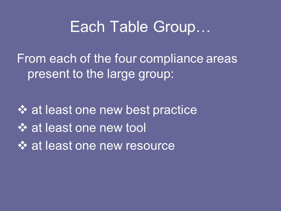 Each Table Group… From each of the four compliance areas present to the large group:  at least one new best practice  at least one new tool  at least one new resource