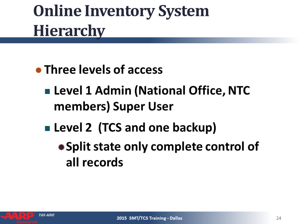 TAX-AIDE Online Inventory System Hierarchy ● Three levels of access Level 1 Admin (National Office, NTC members) Super User Level 2 (TCS and one backup)  Split state only complete control of all records 2015 SMT/TCS Training - Dallas24