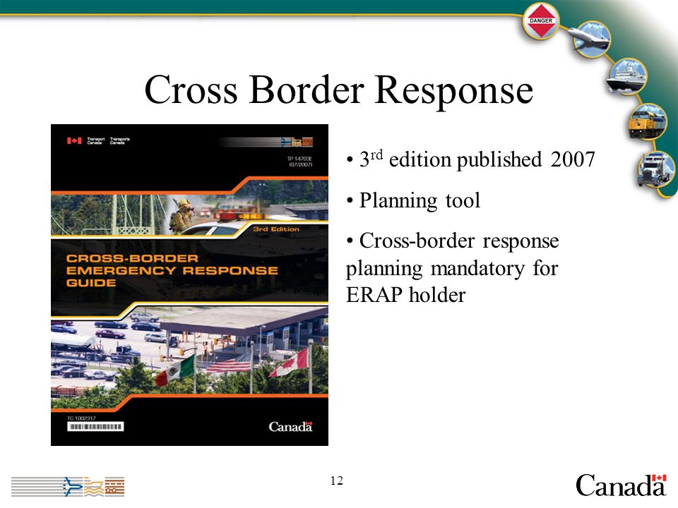 12 Cross Border Response 3 rd edition published 2007 Planning tool Cross-border response planning mandatory for ERAP holder