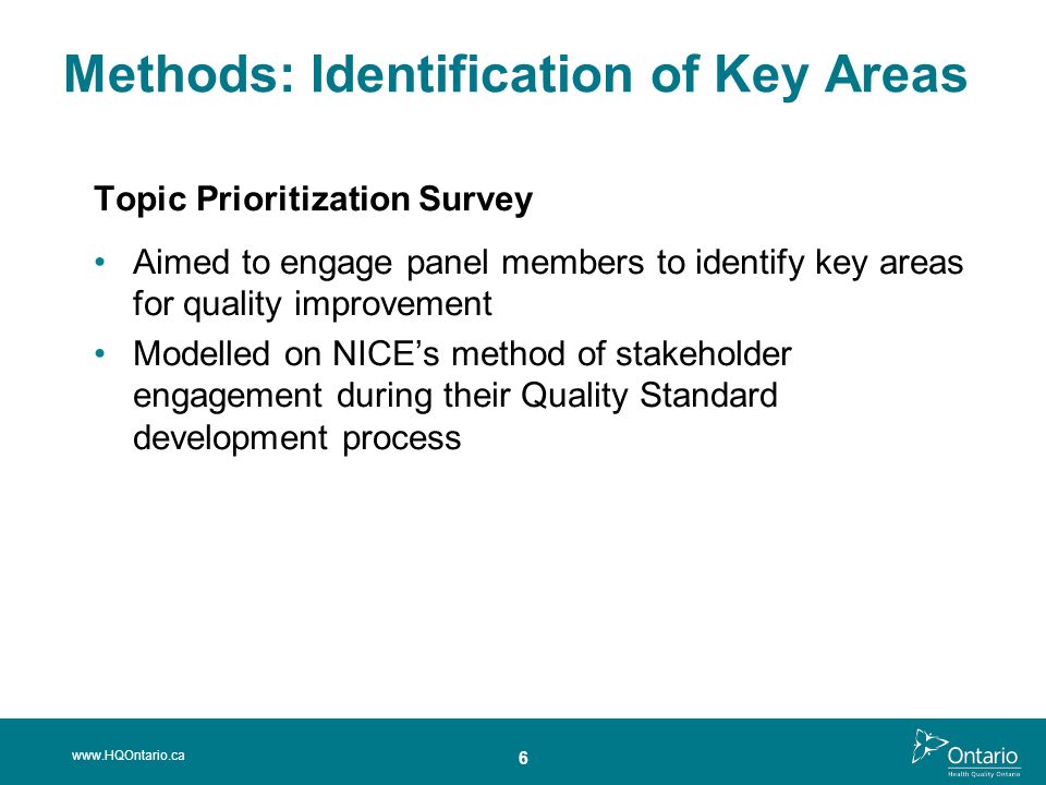 6 Topic Prioritization Survey Aimed to engage panel members to identify key areas for quality improvement Modelled on NICE’s method of stakeholder engagement during their Quality Standard development process   Methods: Identification of Key Areas