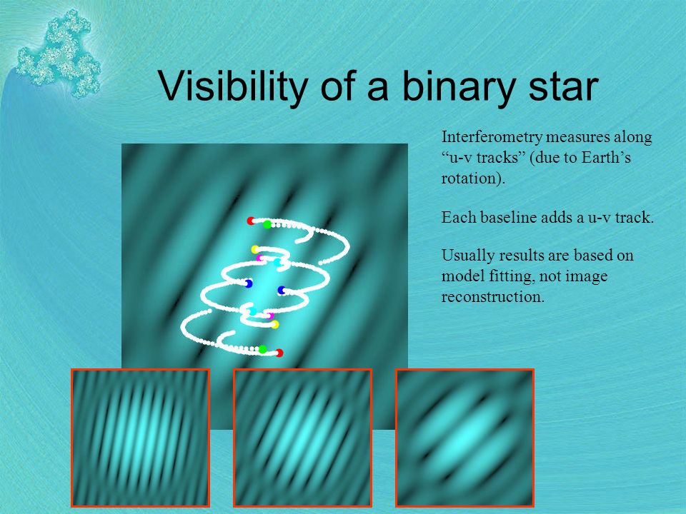 Visibility of a binary star Interferometry measures along u-v tracks (due to Earth’s rotation).