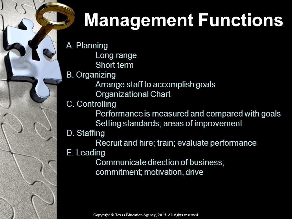 Management Functions A. Planning Long range Short term B.