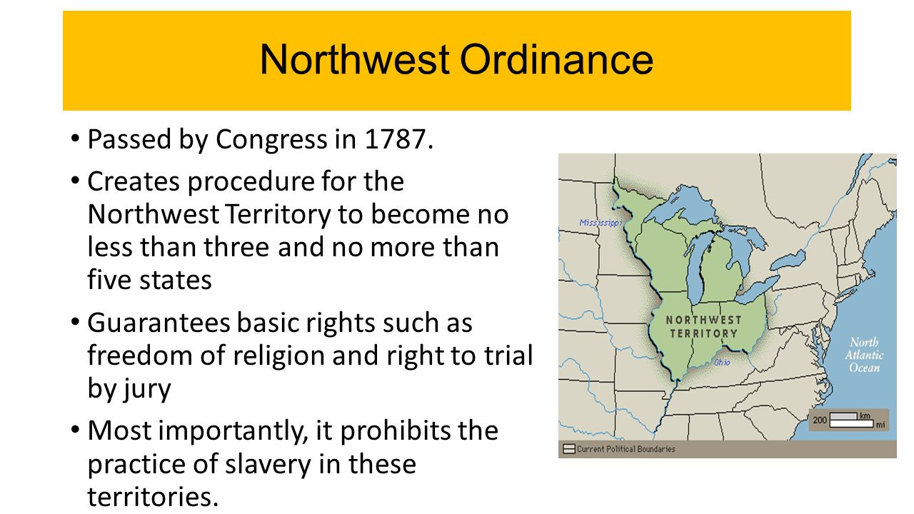 Northwest Ordinance Passed by Congress in 1787.