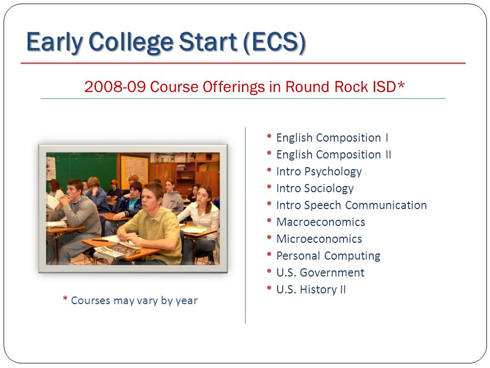 Early College Start (ECS) English Composition I English Composition II Intro Psychology Intro Sociology Intro Speech Communication Macroeconomics Microeconomics Personal Computing U.S.