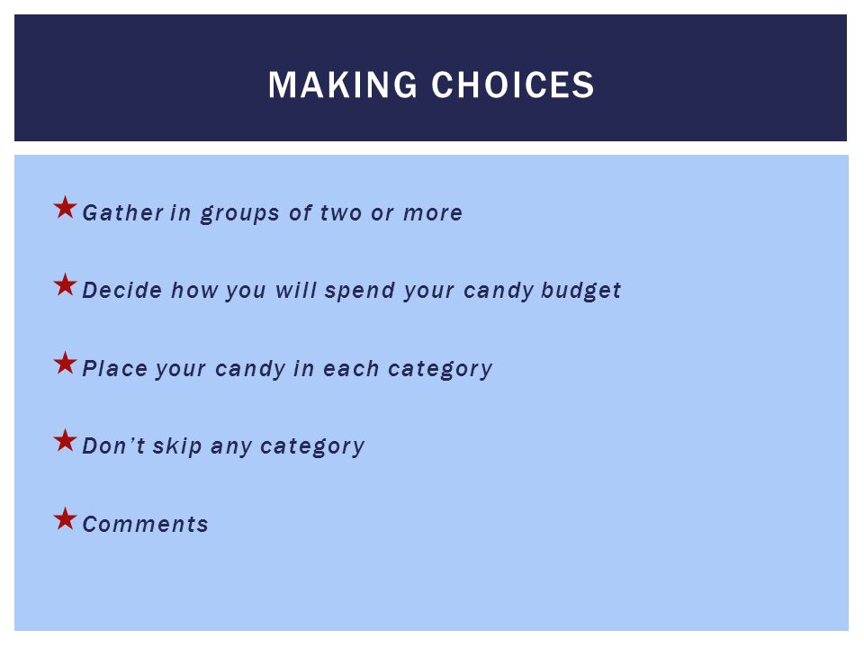  Gather in groups of two or more  Decide how you will spend your candy budget  Place your candy in each category  Don’t skip any category  Comments MAKING CHOICES