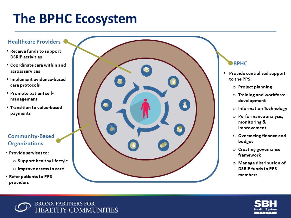 The BPHC Ecosystem Healthcare Providers Receive funds to support DSRIP activities Coordinate care within and across services Implement evidence-based care protocols Promote patient self- management Transition to value-based payments Community-Based Organizations Provide services to: o Support healthy lifestyle o Improve access to care Refer patients to PPS providers Provide centralized support to the PPS : o Project planning o Training and workforce development o Information Technology o Performance analysis, monitoring & improvement o Overseeing finance and budget o Creating governance framework o Manage distribution of DSRIP funds to PPS members BPHC