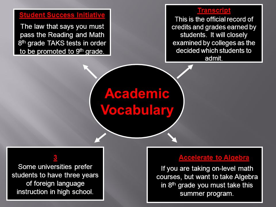 Academic Vocabulary Student Success Initiative The law that says you must pass the Reading and Math 8 th grade TAKS tests in order to be promoted to 9 th grade.