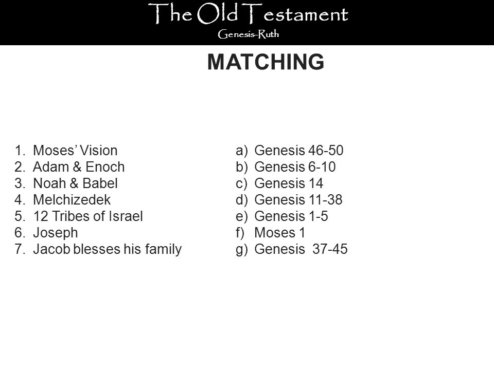 The Old Testament Genesis-Ruth 1.Moses’ Vision 2.Adam & Enoch 3.Noah & Babel 4.Melchizedek 5.12 Tribes of Israel 6.Joseph 7.Jacob blesses his family a)Genesis b)Genesis 6-10 c)Genesis 14 d)Genesis e)Genesis 1-5 f)Moses 1 g)Genesis MATCHING