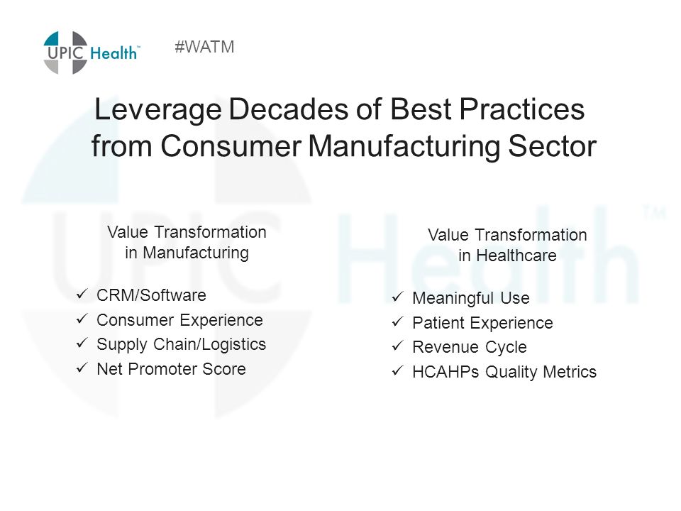 Value Transformation in Manufacturing CRM/Software Consumer Experience Supply Chain/Logistics Net Promoter Score #WATM Leverage Decades of Best Practices from Consumer Manufacturing Sector Value Transformation in Healthcare Meaningful Use Patient Experience Revenue Cycle HCAHPs Quality Metrics