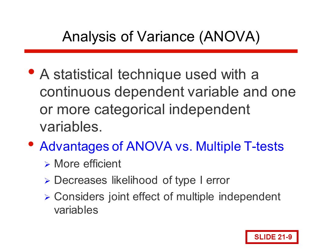 Analysis of Variance (ANOVA) A statistical technique used with a continuous dependent variable and one or more categorical independent variables.