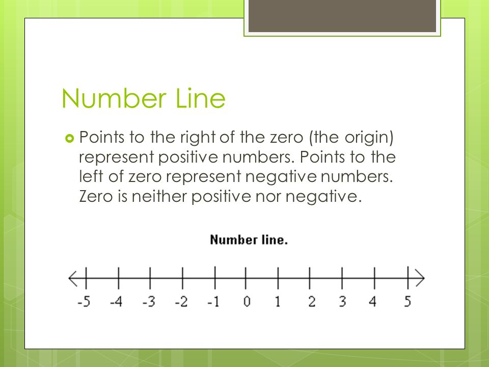 Number Line  Points to the right of the zero (the origin) represent positive numbers.