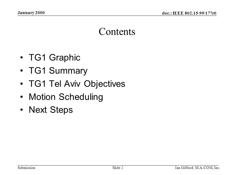 doc.: IEEE /177r0 Submission January 2000 Ian Gifford, M/A-COM, Inc.Slide 2 Contents TG1 Graphic TG1 Summary TG1 Tel Aviv Objectives Motion Scheduling Next Steps