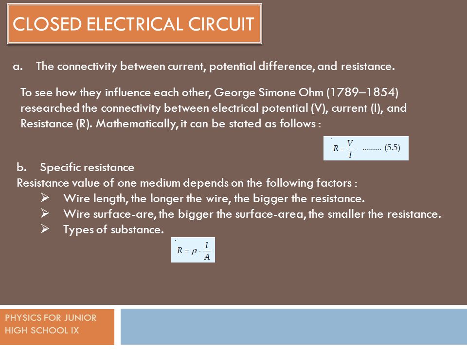 PHYSICS FOR JUNIOR HIGH SCHOOL IX CLOSED ELECTRICAL CIRCUIT a.The connectivity between current, potential difference, and resistance.