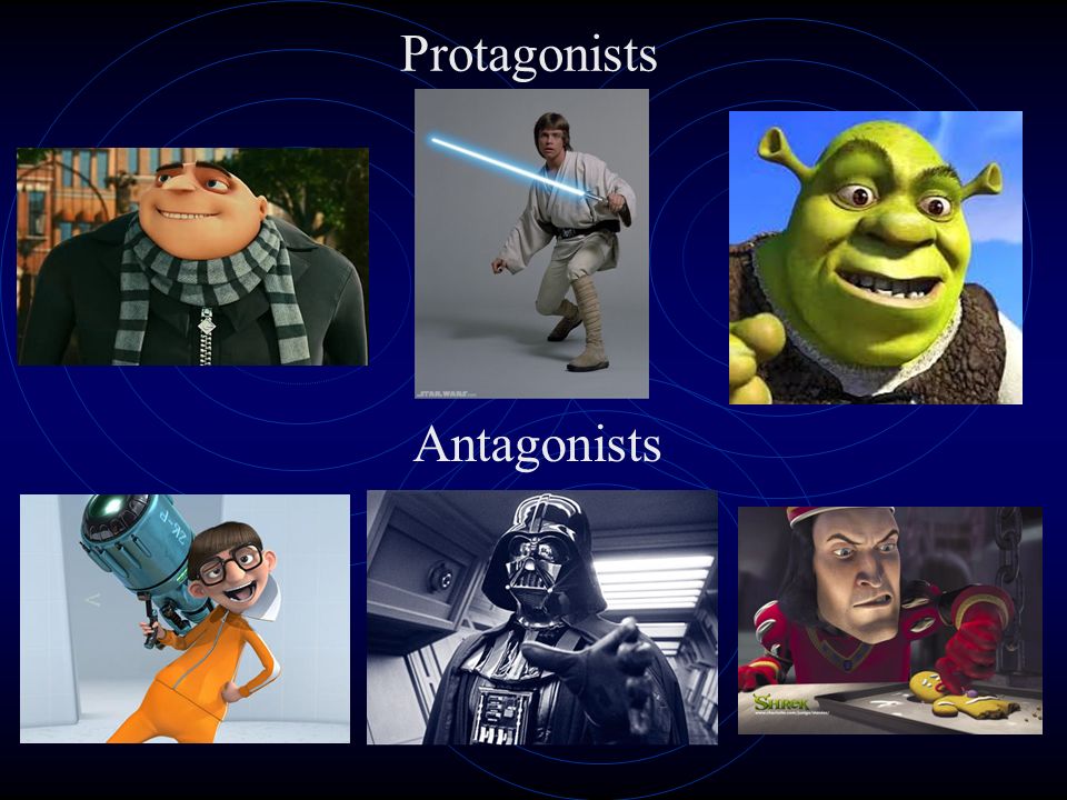 Characters Protagonist and antagonist are used to describe characters.