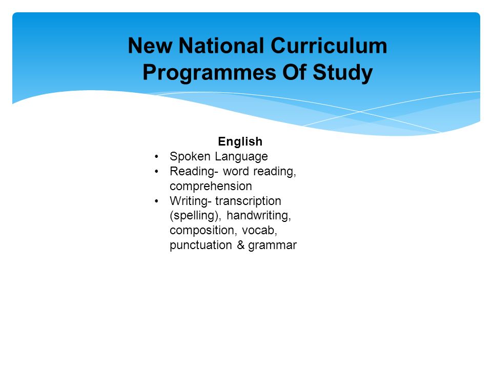 New National Curriculum Programmes Of Study English Spoken Language Reading- word reading, comprehension Writing- transcription (spelling), handwriting, composition, vocab, punctuation & grammar