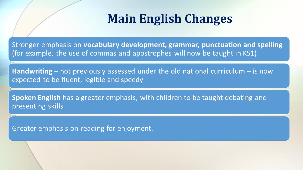 Stronger emphasis on vocabulary development, grammar, punctuation and spelling (for example, the use of commas and apostrophes will now be taught in KS1) Handwriting – not previously assessed under the old national curriculum – is now expected to be fluent, legible and speedy Spoken English has a greater emphasis, with children to be taught debating and presenting skills Greater emphasis on reading for enjoyment.