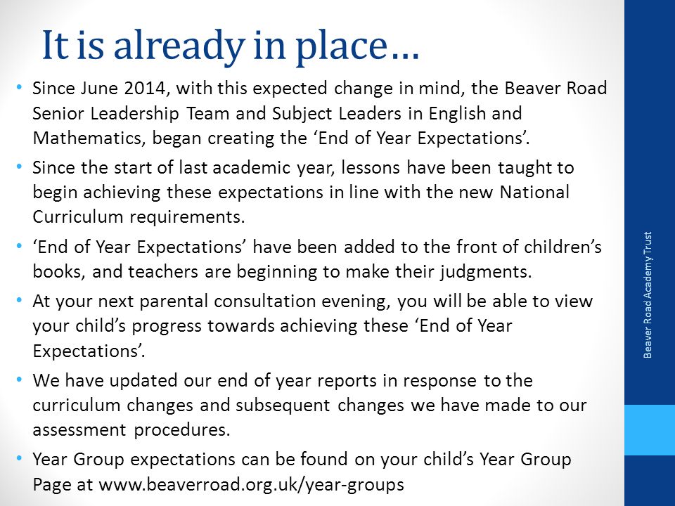 It is already in place… Since June 2014, with this expected change in mind, the Beaver Road Senior Leadership Team and Subject Leaders in English and Mathematics, began creating the ‘End of Year Expectations’.