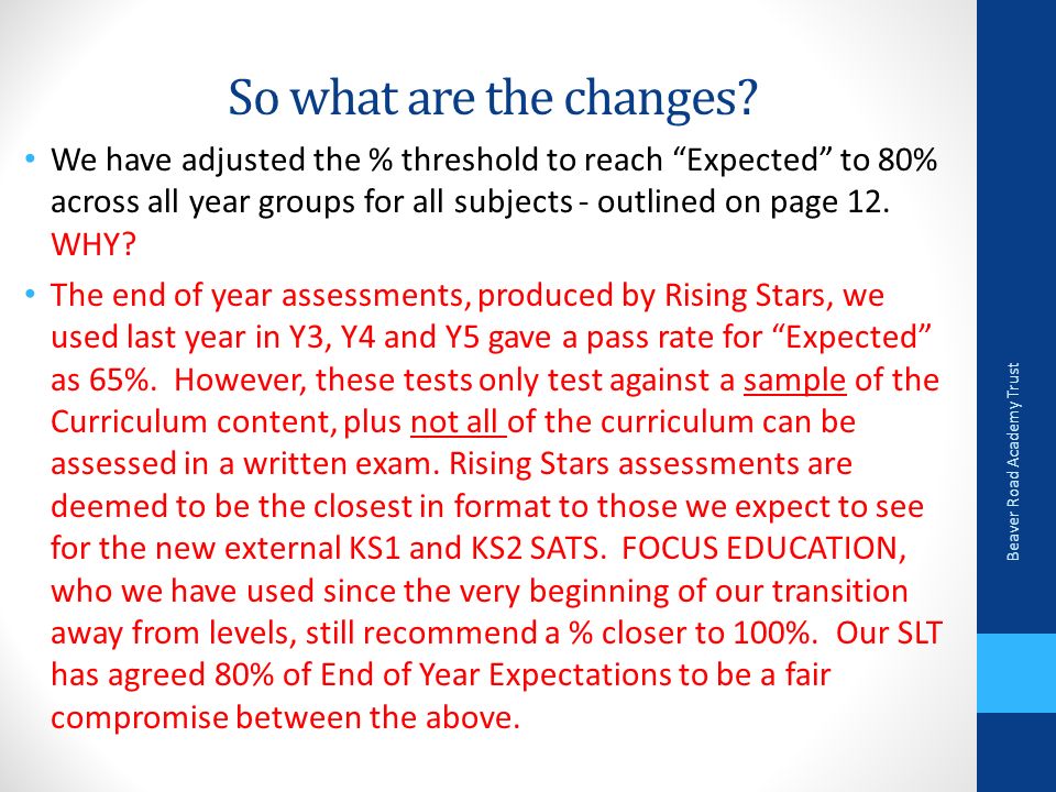We have adjusted the % threshold to reach Expected to 80% across all year groups for all subjects - outlined on page 12.