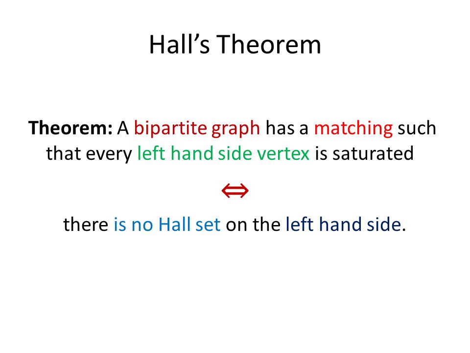 Hall’s Theorem Theorem: A bipartite graph has a matching such that every left hand side vertex is saturated ⇔ there is no Hall set on the left hand side.