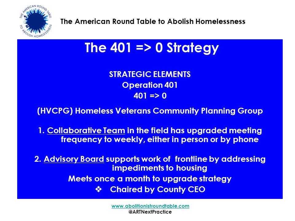 The 401 => 0 Strategy STRATEGIC ELEMENTS Operation => 0 (HVCPG) Homeless Veterans Community Planning Group 1.
