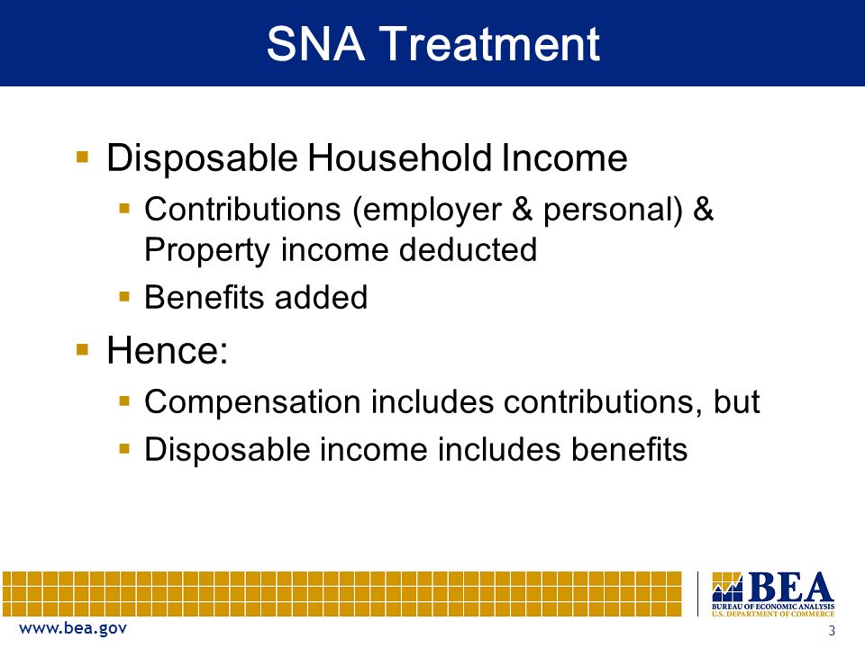 3 SNA Treatment  Disposable Household Income  Contributions (employer & personal) & Property income deducted  Benefits added  Hence:  Compensation includes contributions, but  Disposable income includes benefits
