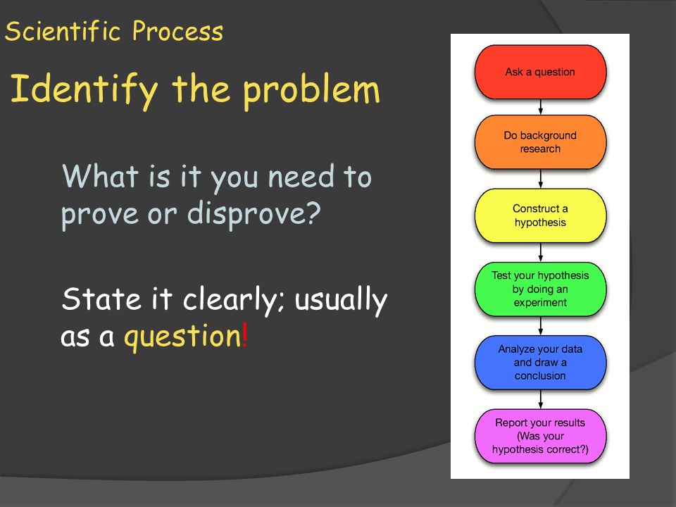 Scientific Process Identify the problem What is it you need to prove or disprove.