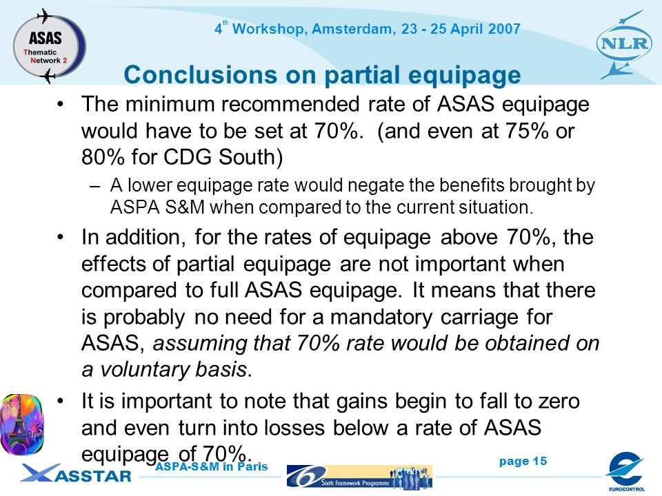 4 th Workshop, Amsterdam, April 2007 page 15 ASPA-S&M in Paris Conclusions on partial equipage The minimum recommended rate of ASAS equipage would have to be set at 70%.