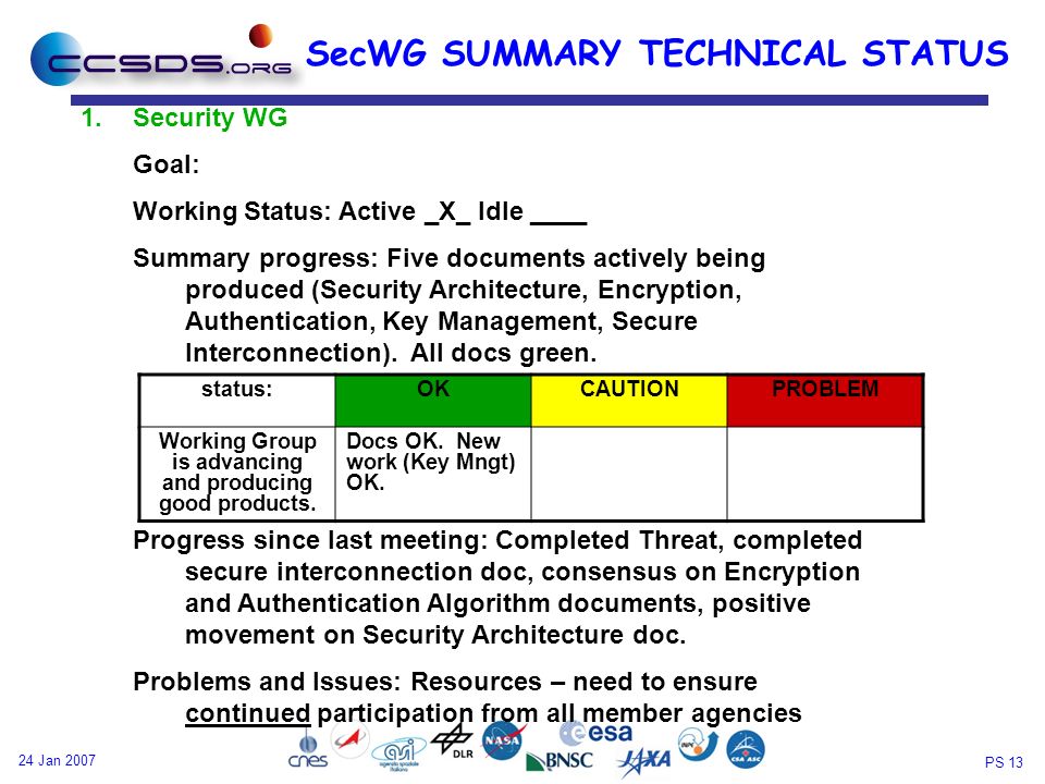 PS Jan 2007 SecWG SUMMARY TECHNICAL STATUS 1.Security WG Goal: Working Status: Active _X_ Idle ____ Summary progress: Five documents actively being produced (Security Architecture, Encryption, Authentication, Key Management, Secure Interconnection).