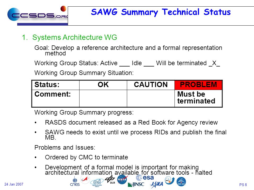 PS 8 24 Jan 2007 SAWG Summary Technical Status 1.Systems Architecture WG Goal: Develop a reference architecture and a formal representation method Working Group Status: Active ___ Idle ___ Will be terminated _X_ Working Group Summary Situation: Working Group Summary progress: RASDS document released as a Red Book for Agency review SAWG needs to exist until we process RIDs and publish the final MB.