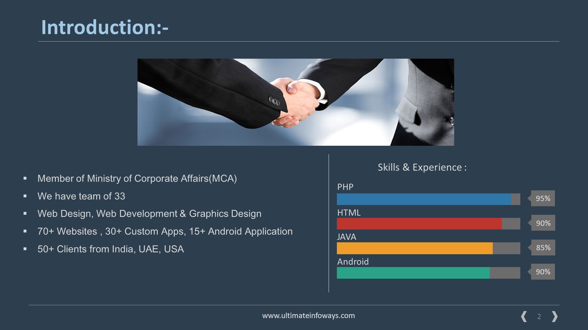 2 Solutions   Introduction:-  Member of Ministry of Corporate Affairs(MCA)  We have team of 33  Web Design, Web Development & Graphics Design  70+ Websites, 30+ Custom Apps, 15+ Android Application  50+ Clients from India, UAE, USA Skills & Experience : 95% 90% 85% 90%   PHP HTML JAVA Android