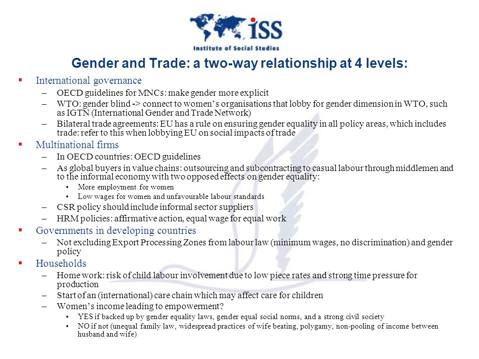 Explanation of diagram:  The gender wage gap stimulates labour intensive manucfacturing exports in two ways: –lowering the product price through low female wage costs –increasing profits and hence the budget for purchasing new technology abroad