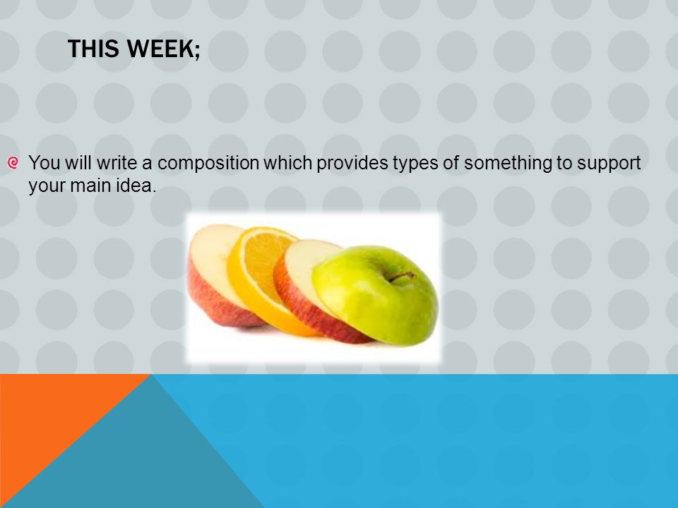 THIS WEEK; You will write a composition which provides types of something to support your main idea.