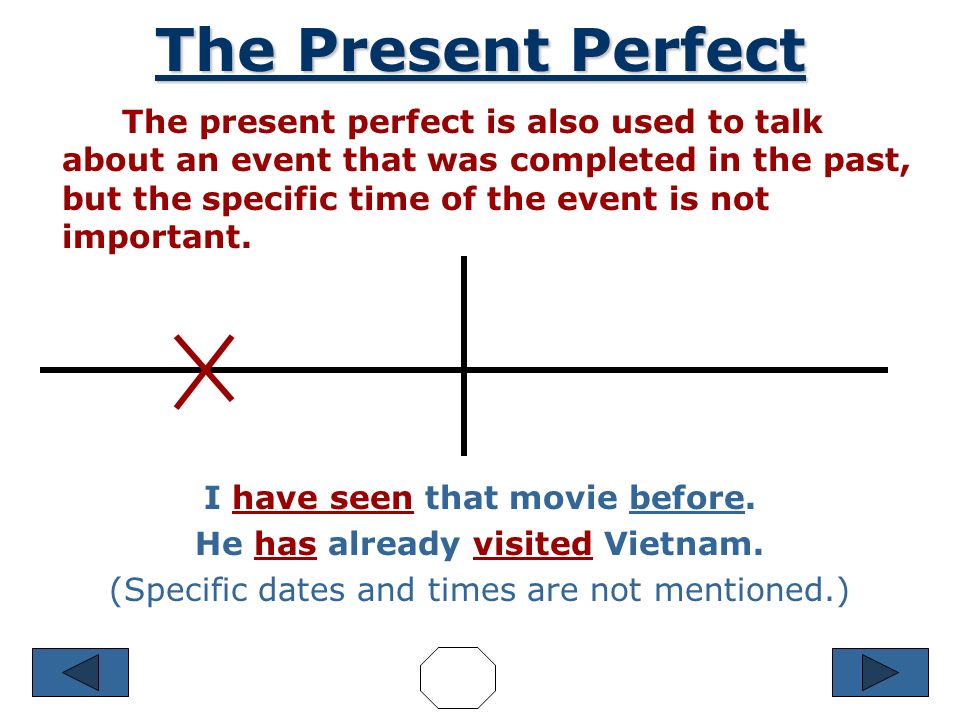 The Present Perfect The present perfect is used to talk about an event that began in the past and continues up to the present.