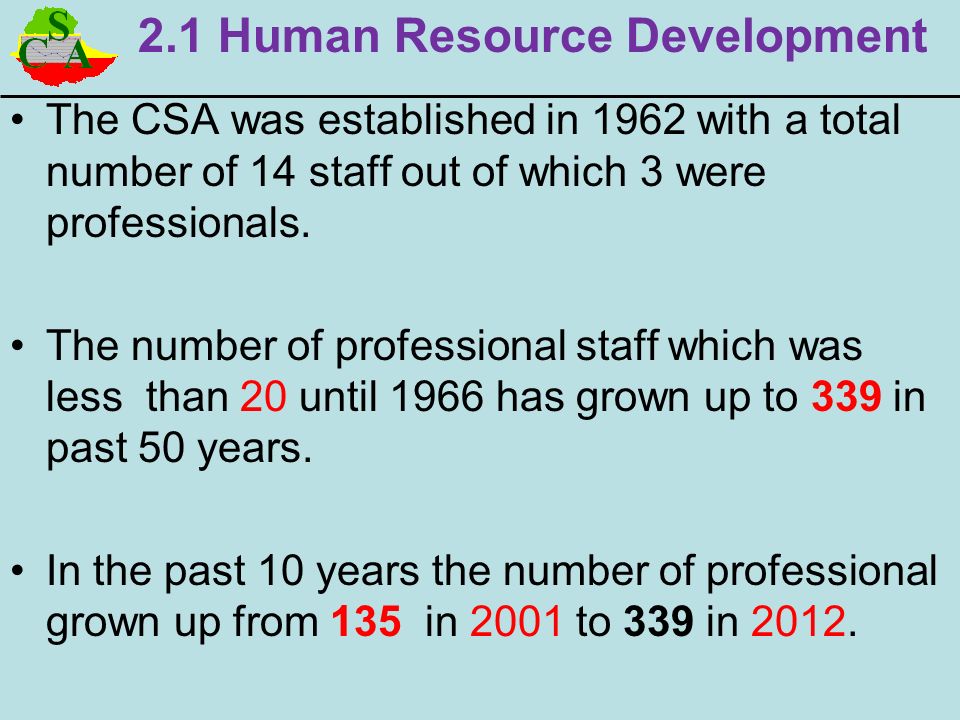2.1 Human Resource Development The CSA was established in 1962 with a total number of 14 staff out of which 3 were professionals.