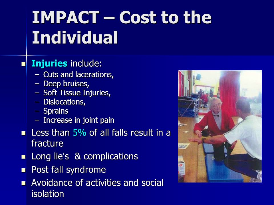 IMPACT – Cost to the Individual Injuries include: Injuries include: –Cuts and lacerations, –Deep bruises, –Soft Tissue Injuries, –Dislocations, –Sprains –Increase in joint pain Less than 5% of all falls result in a fracture Less than 5% of all falls result in a fracture Long lie ’ s & complications Long lie ’ s & complications Post fall syndrome Post fall syndrome Avoidance of activities and social isolation Avoidance of activities and social isolation