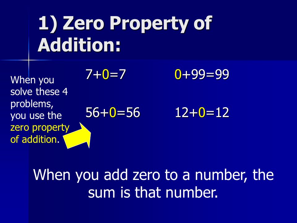 1) Zero Property of Addition: 7+0=70+99= =5612+0=12 When you add zero to a number, the sum is that number.