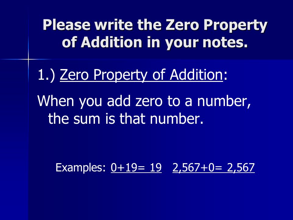 Please write the Zero Property of Addition in your notes.