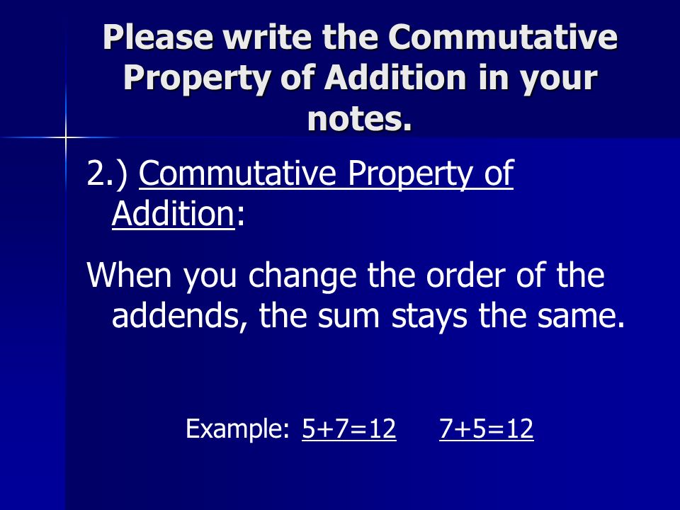 Please write the Commutative Property of Addition in your notes.