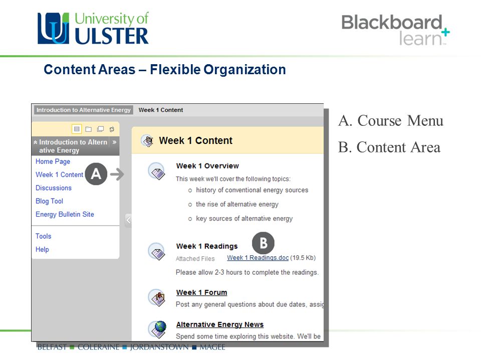 Content Areas – Flexible Organization A. Course Menu B. Content Area