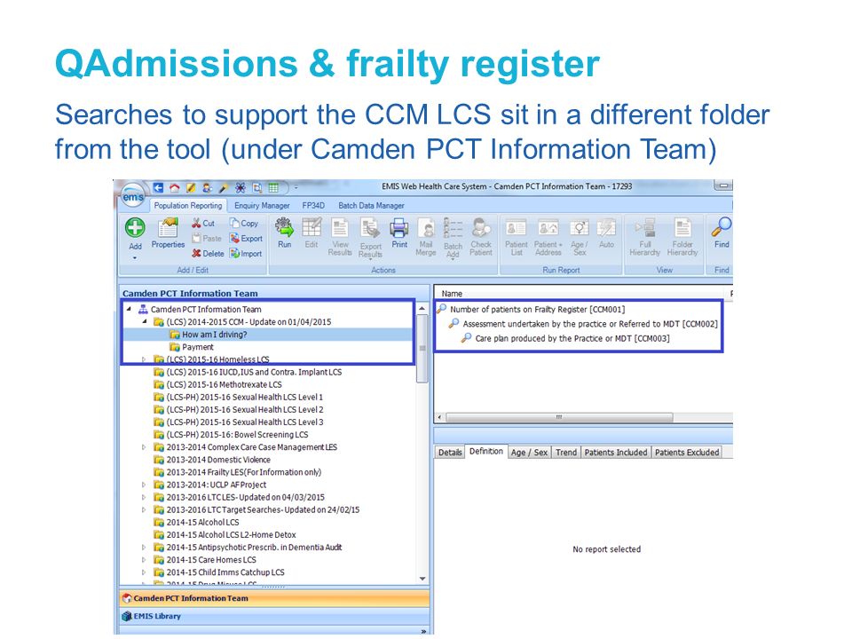 QAdmissions & frailty register Searches to support the CCM LCS sit in a different folder from the tool (under Camden PCT Information Team)