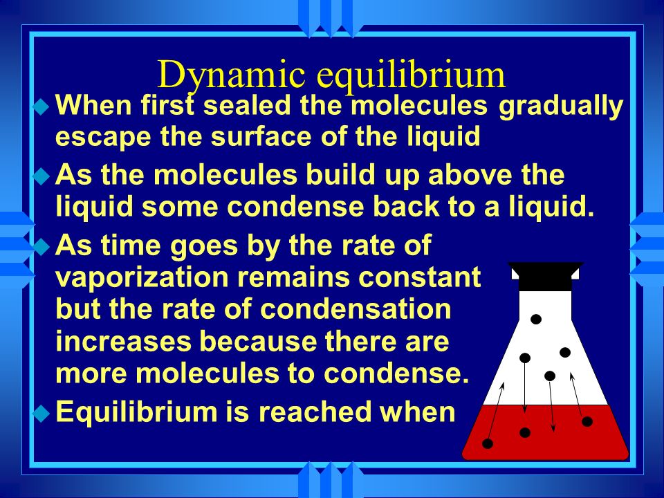 Dynamic equilibrium u When first sealed the molecules gradually escape the surface of the liquid.