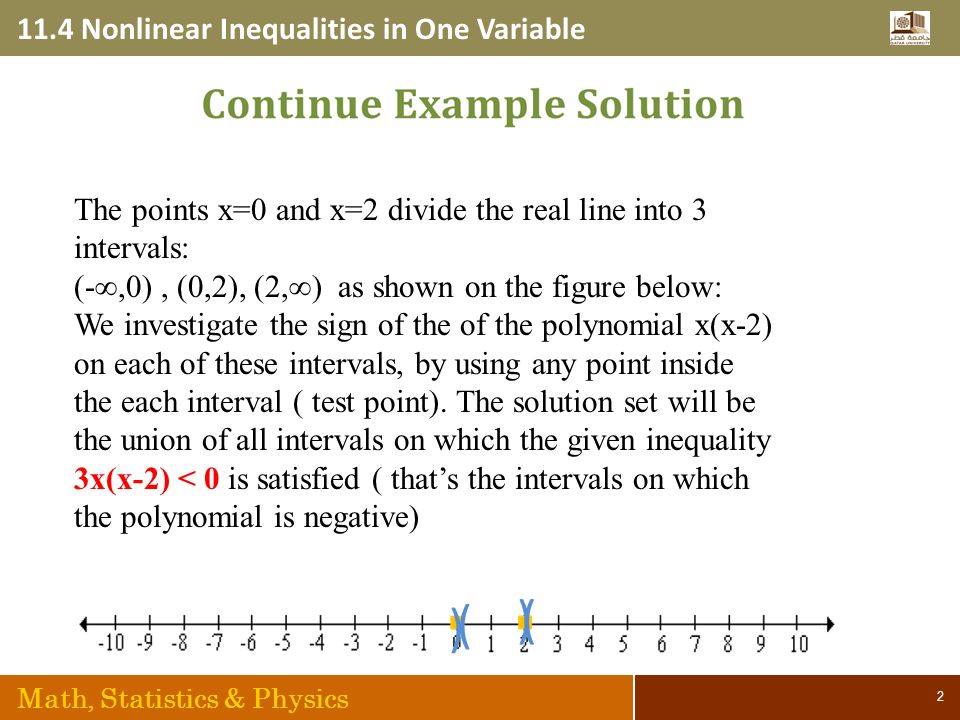 11.4 Nonlinear Inequalities in One Variable Math, Statistics & Physics 2 ( ) ) The points x=0 and x=2 divide the real line into 3 intervals: (-∞,0), (0,2), (2,∞) as shown on the figure below: We investigate the sign of the of the polynomial x(x-2) on each of these intervals, by using any point inside the each interval ( test point).
