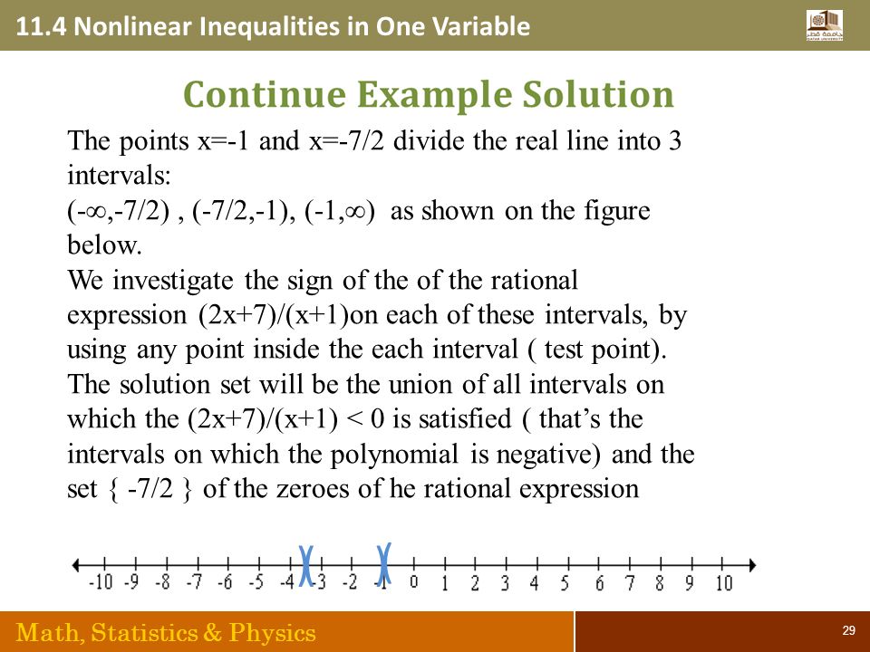 11.4 Nonlinear Inequalities in One Variable Math, Statistics & Physics 29 ()) The points x=-1 and x=-7/2 divide the real line into 3 intervals: (-∞,-7/2), (-7/2,-1), (-1,∞) as shown on the figure below.
