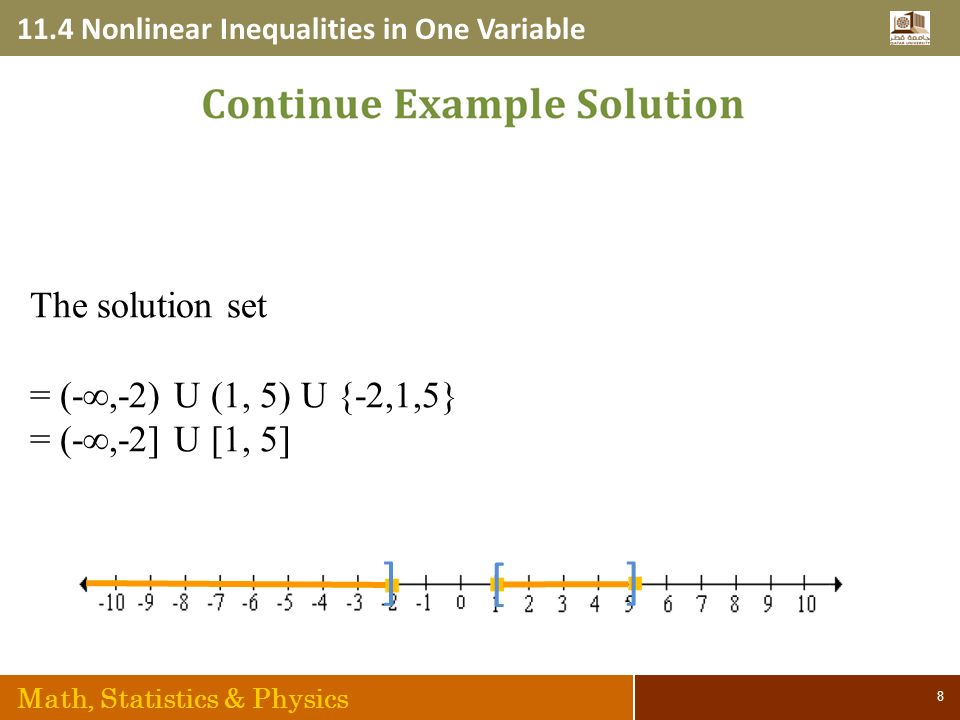 11.4 Nonlinear Inequalities in One Variable Math, Statistics & Physics 8 ] [ ] The solution set = (-∞,-2) U (1, 5) U {-2,1,5} = (-∞,-2] U [1, 5]