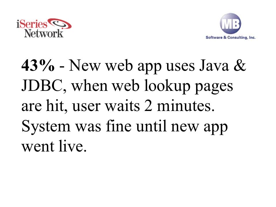 Java & JDBC Killing System 43% - New web app uses Java & JDBC, when web lookup pages are hit, user waits 2 minutes.
