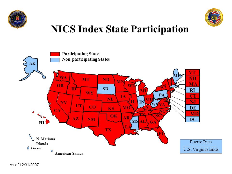 NICS Index State Participation As of 12/31/2007 DC NE NY WI IN NH MD CA NV IL OR TN PA CT ID MT WY ND SD NM KS TX AR OK MN OH WV MSAL KY SC MO ME MA DE RI AZ NC UT FL NJ LA VT WA MI CO VA IA GA ME HI Guam N.