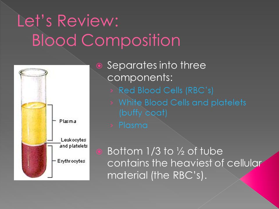 Separates into three components: › Red Blood Cells (RBC's) › White Blood  Cells and platelets (buffy coat) › Plasma  Bottom 1/3 to ½ of tube contains.  - ppt download