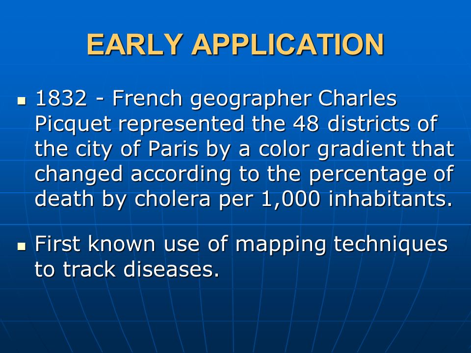 EARLY APPLICATION French geographer Charles Picquet represented the 48 districts of the city of Paris by a color gradient that changed according to the percentage of death by cholera per 1,000 inhabitants.